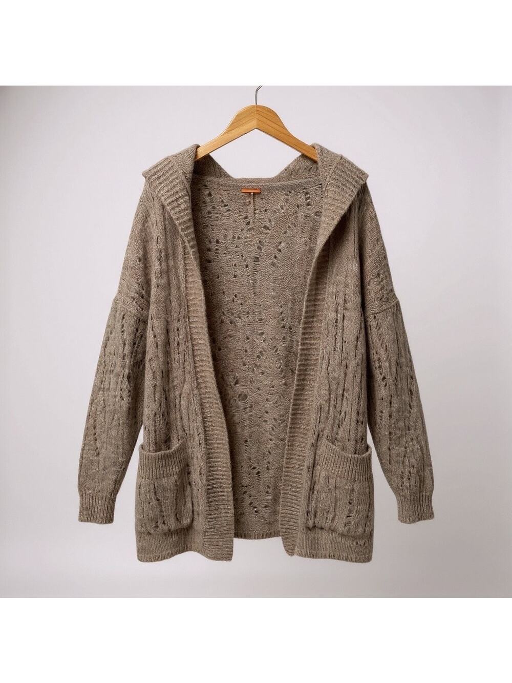 Free People Open Cardigan Size Small Alpaca Blend Sweater Hoodie Tan Beige Knit
